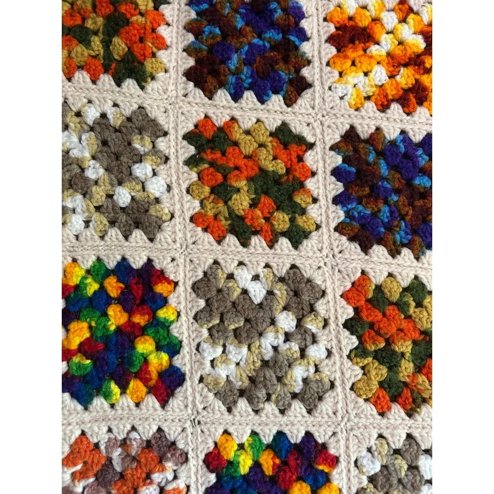 Vintage Handmade Granny Square Crochet Blanket Patchwork Throw Boho Cottagecore